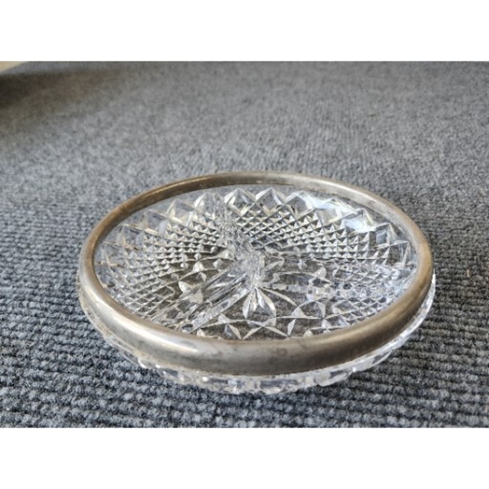 Vintage Crystal Cut Glass Silver Plated Rim 8" Nut Candy Bowl 3 compartments